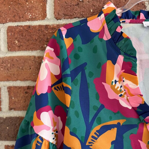 Michelle McDowell Floral Ruffle Blouse Green Pink Orange Long Sleeve M - Picture 8 of 8